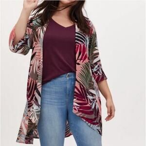 Torrid Dusty Coral Multi Leaf Crinkle Gauze Hi-Lo Kimono Plus Size 3X / 4X